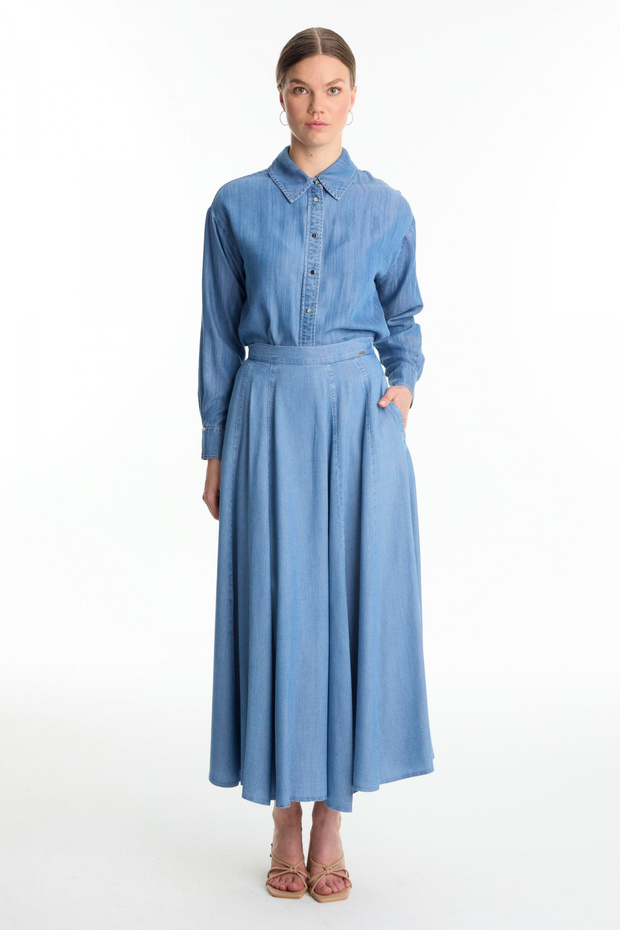 High Waist Pocketed Denim Blue Skirt 0144