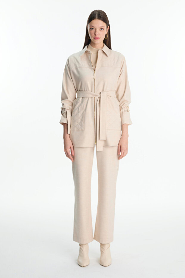 Zipper and Belt Detailed Jacket and Trousers Double Vanilla Set 1634