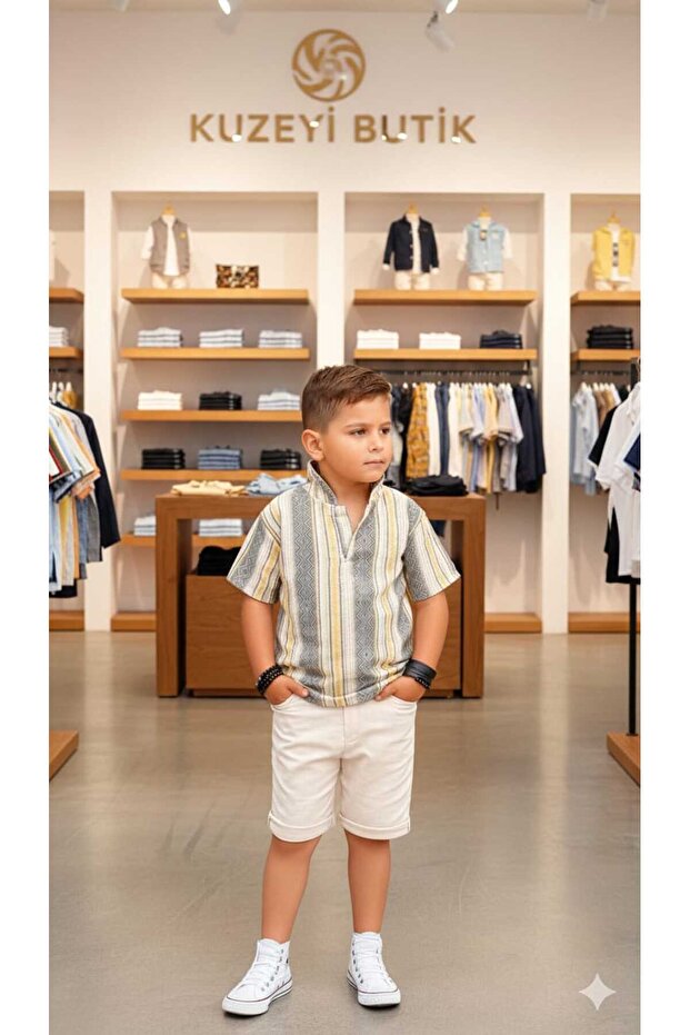 Eid Holiday Boys' Summer Cotton Knitwear Iran Patterned Shorts and Shirt Set