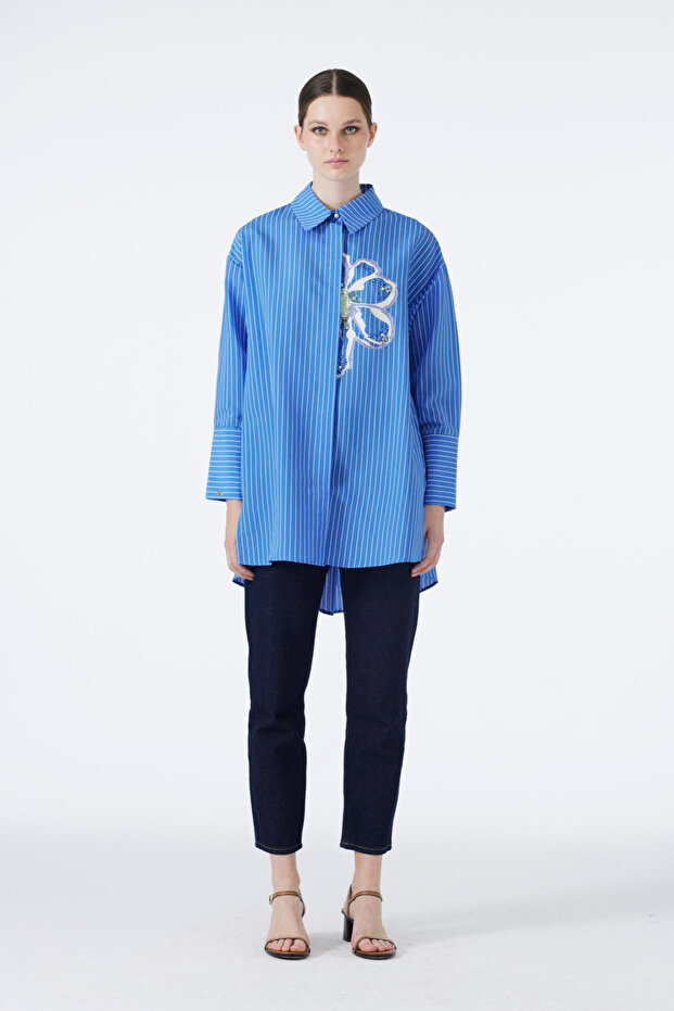 Striped Stone Embroidered Blue Tunic 1544