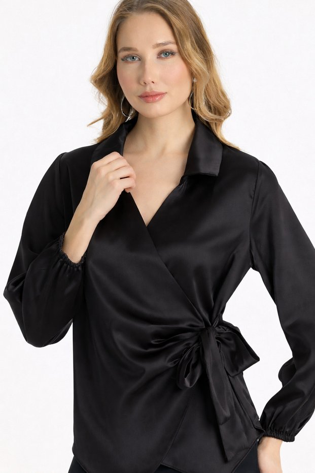 Ceemoda Double-Breasted Side Tie Satin Blouse Shirt