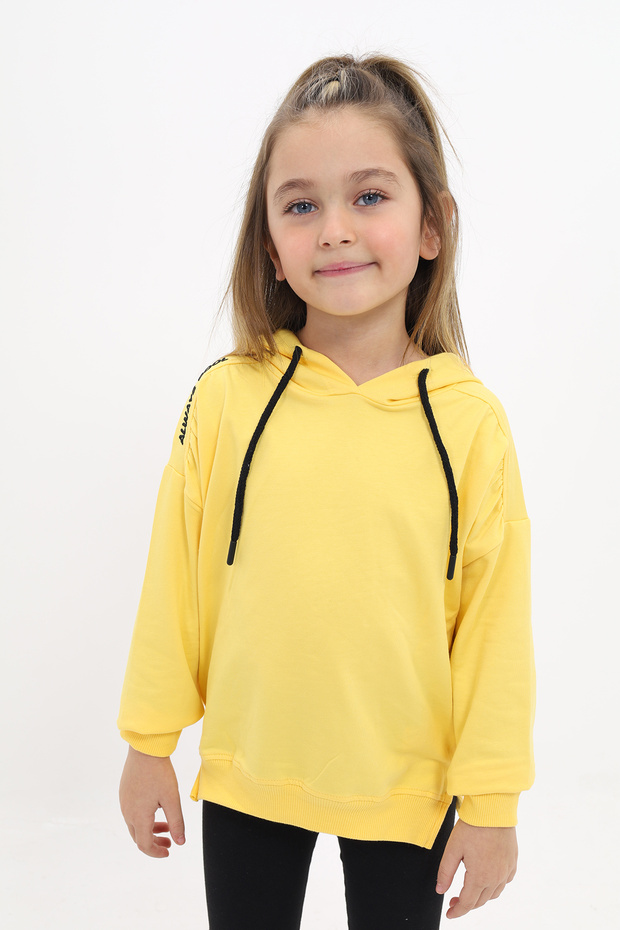 Girl's Oversized Hooded Drawstring Low Shoulder Embroidered Printed Slit Sweatshirt - 2 Yarns