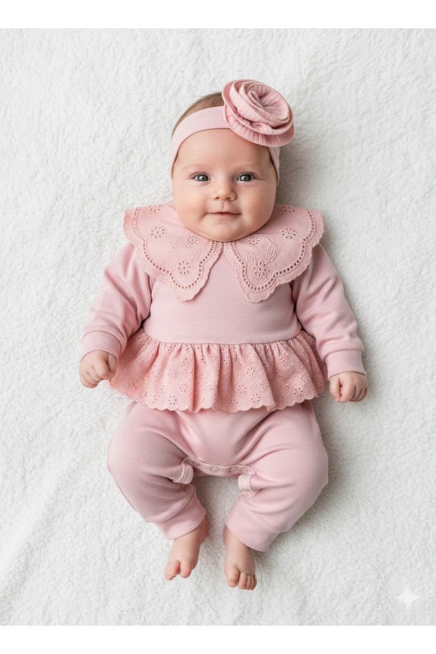 100% Cotton Baby Girl Long Sleeve Transitional Jumpsuit with Headband