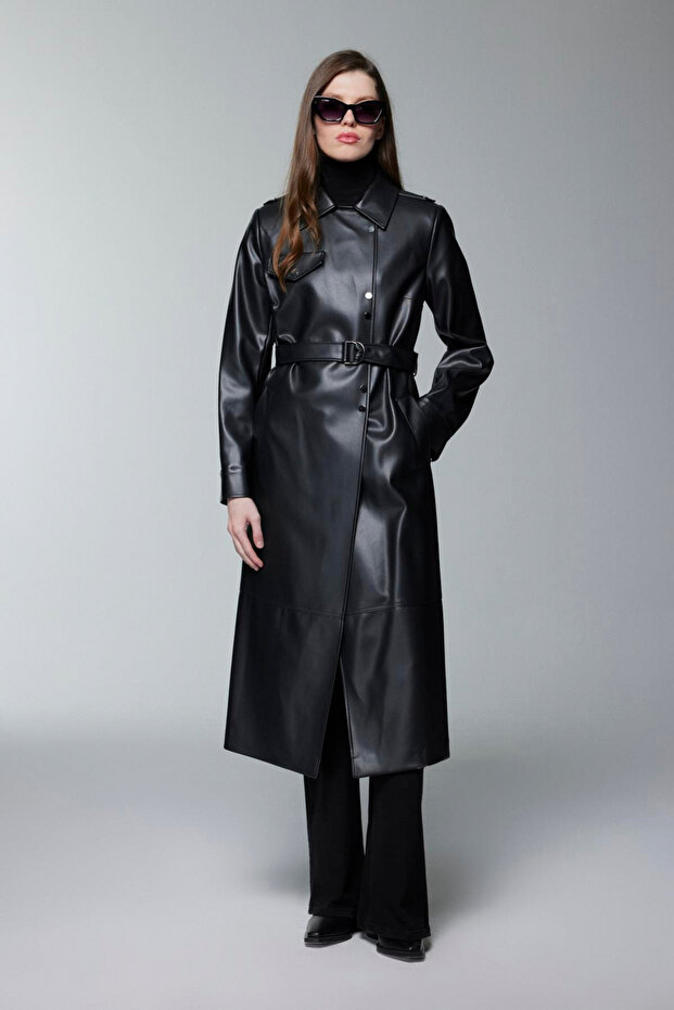 Shirt Collar Belt Detailed Leather Black Trench Coat 13823