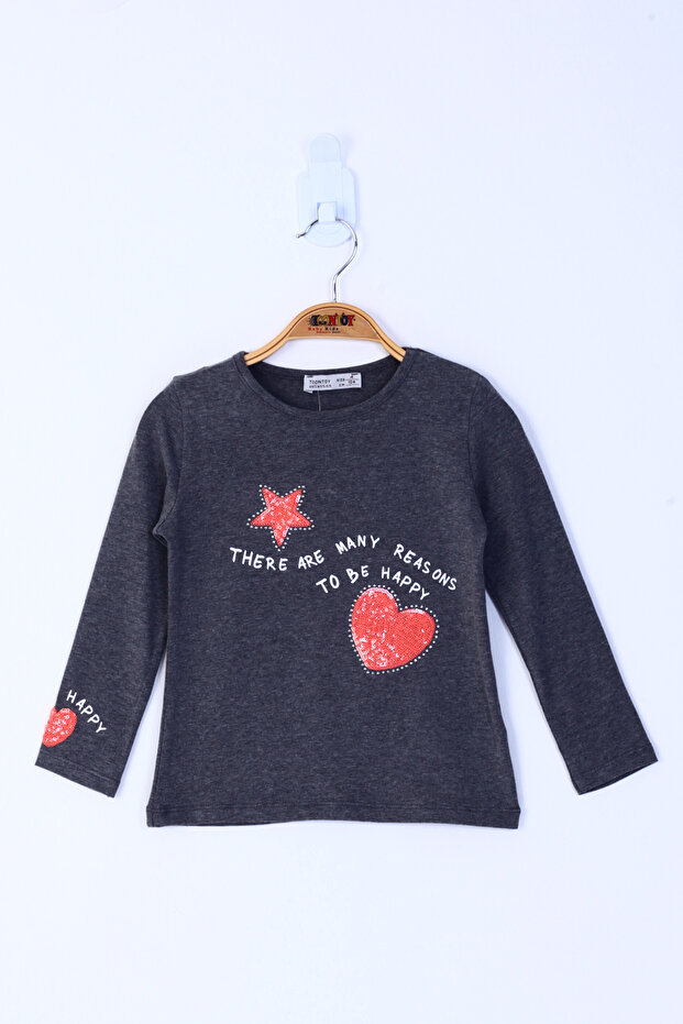 Girl's Relax Fit Crew Neck Printed Sequin Embroidered Sweatshirt - 31/1 Combed Cotton