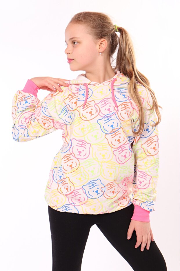 Girl's Oversized Hooded Off-Shoulder Printed Sweatshirt - 2 Yarns