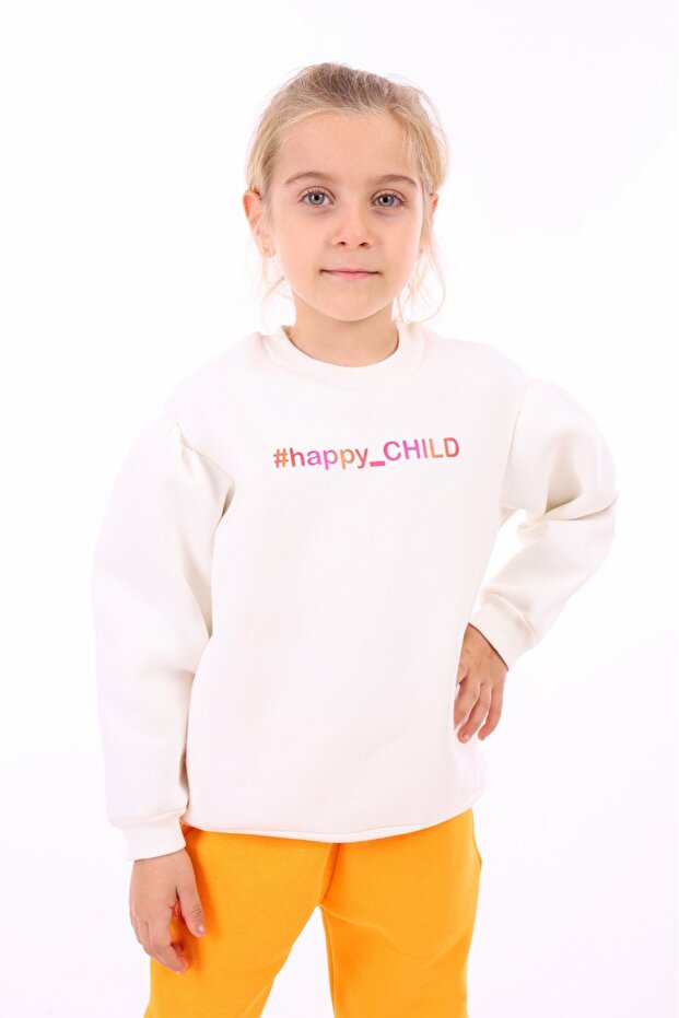 Girl's Oversize Crew Neck Gathered Balloon Sleeve Printed Sweatshirt - 3 Thread Rastered