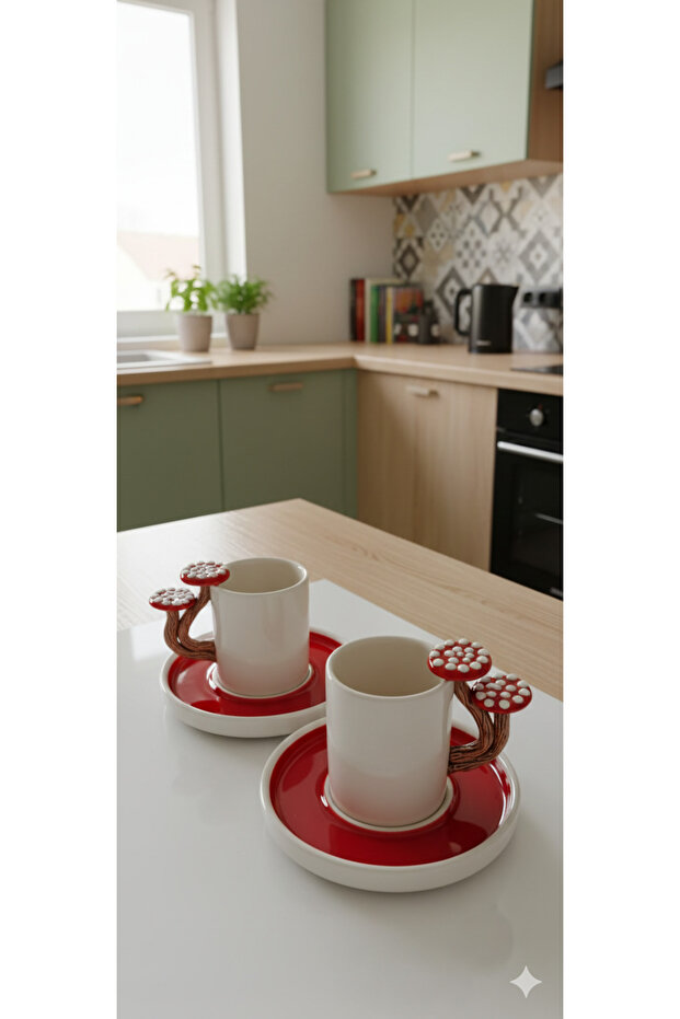 Handmade Dila Design Mushroom Handle 4-Piece Ceramic Coffee Cup Set for 2 People 100 Ml.