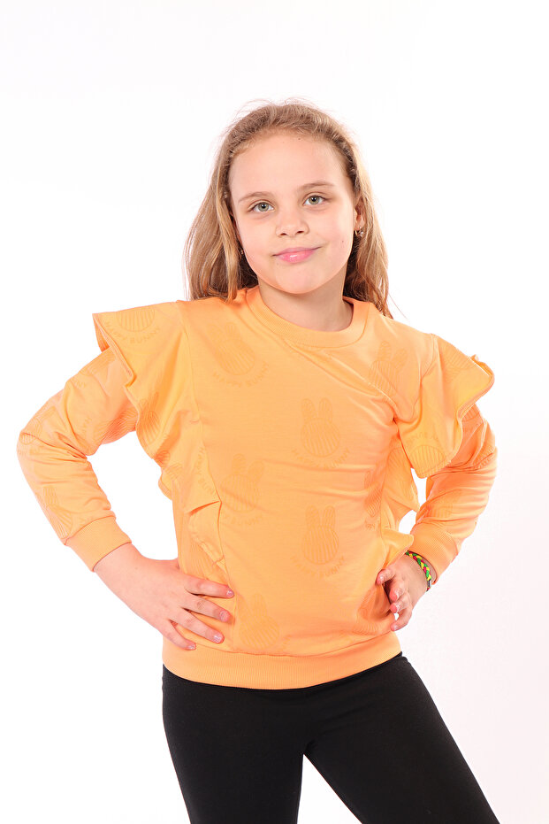 Girl's Regular Fit Crew Neck Ruffle Printed Sweatshirt - 2 Yarns