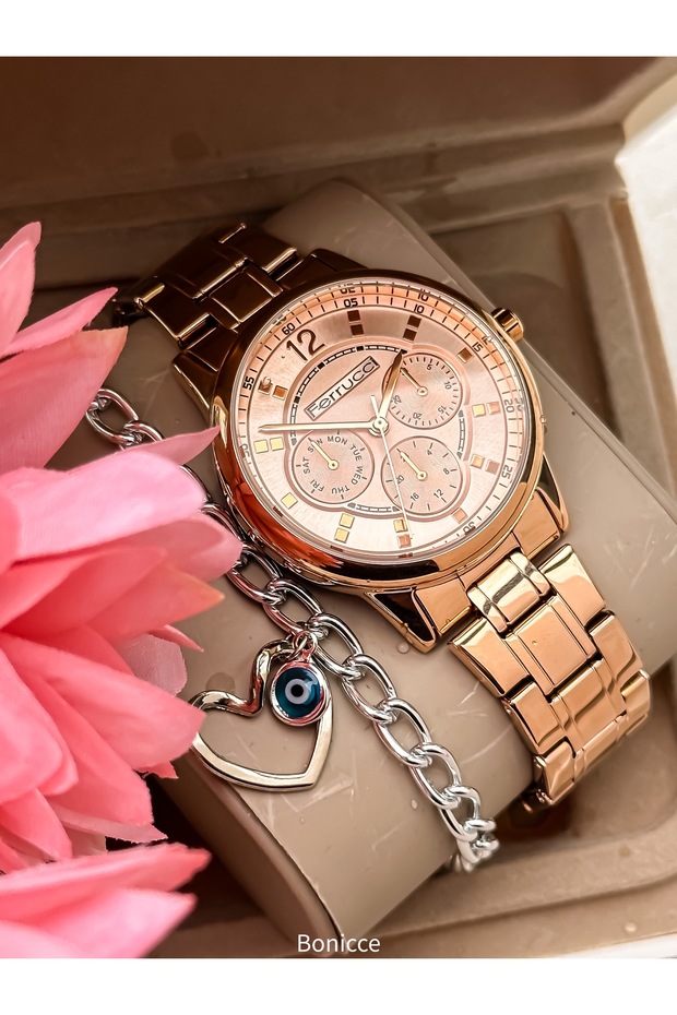 Rose Color Steel Strap Waterproof Wristwatch