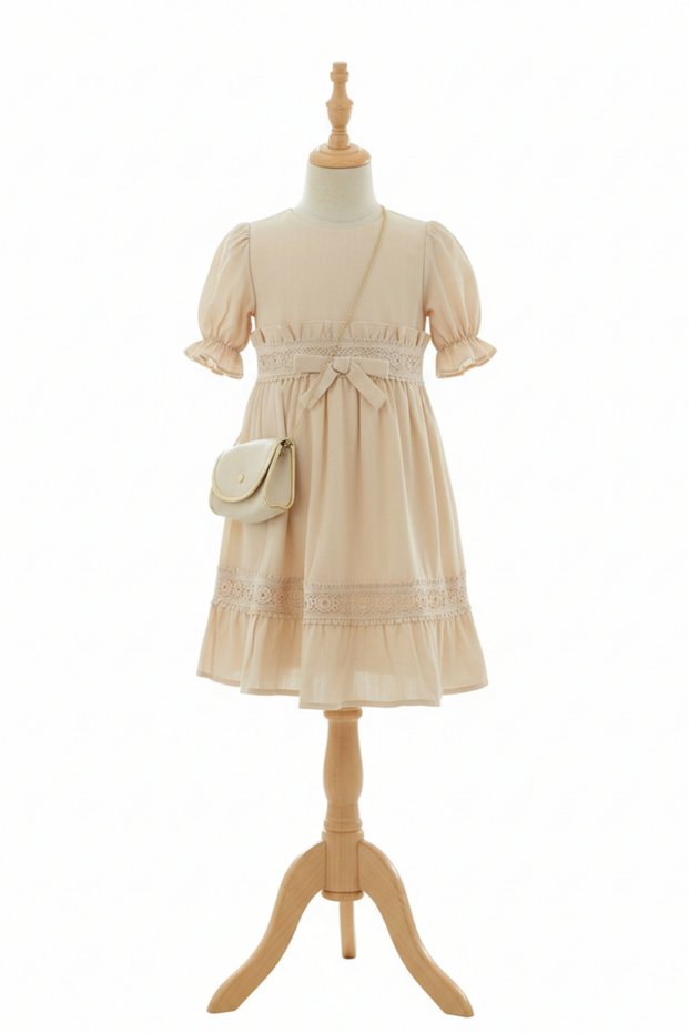 Beige Color Lace Detailed and Bagged Linen Textured Girl's Dress (Age 5-8)
