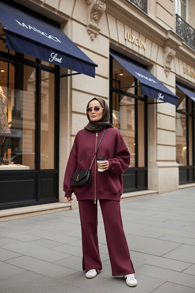 3 İplik Ş Fleece-Lined Bomber Double Hijab Set | Cotton Comfortable Suit Burgundy
