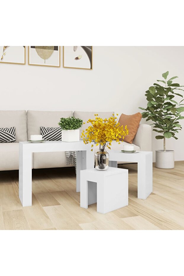 Stackable coffee tables, 3 pcs., white, chipboard - 3