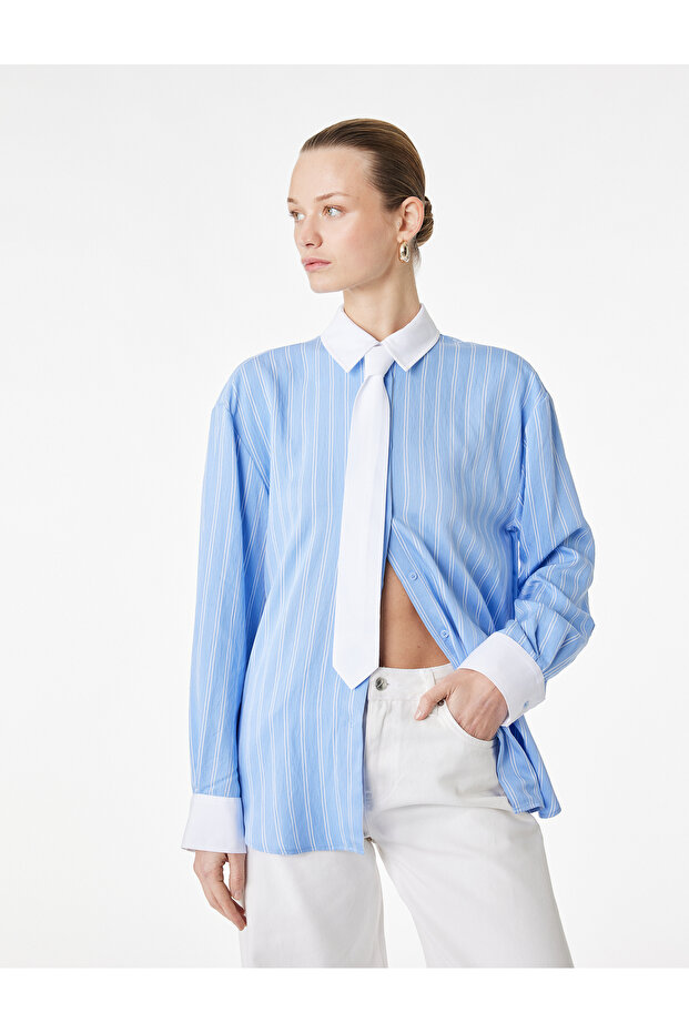 Viscose Fabric Long Sleeve Striped Shirt with Belt Detail
