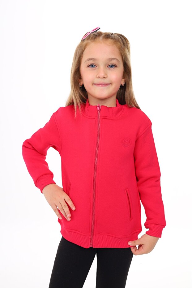 Girl's Stand Collar Zippered Half Off-Shoulder Knitted Cardigan - 2 Yarn Threaded