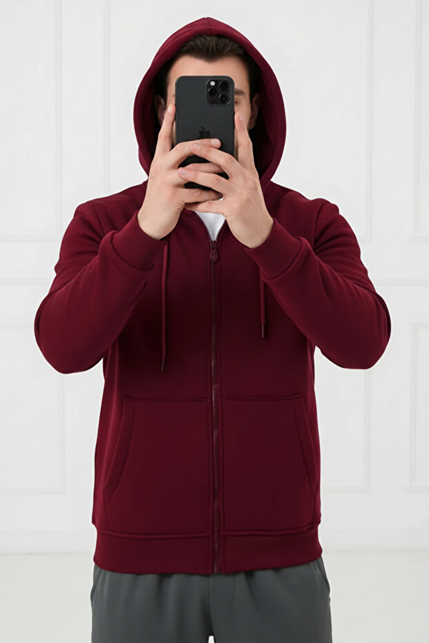 Claret Red Plain Unisex Oversized (3 Threads) Thick Fleece Inside Cardigan