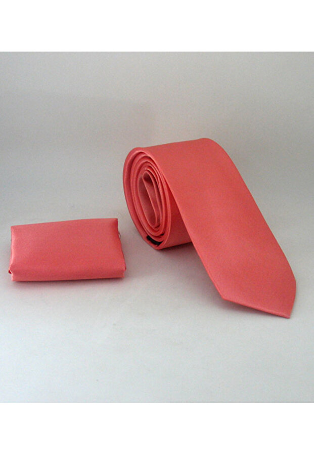Mercan Slim Fit (Thin) Solid Color Satin Tie with Handkerchief - Ss-45