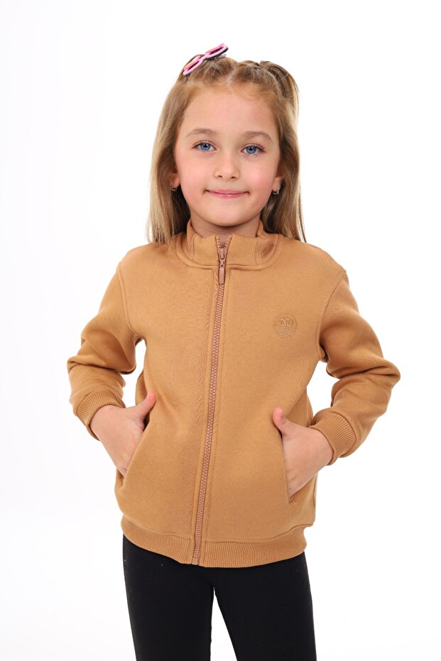 Girl's Stand Collar Zippered Half Off-Shoulder Knitted Cardigan - 2 Yarn Threaded
