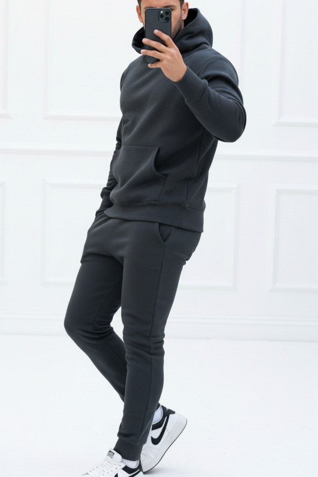 Men's Hooded Tracksuit Set with Raised Inside, Relaxed Fit and Elastic Legs - Sports