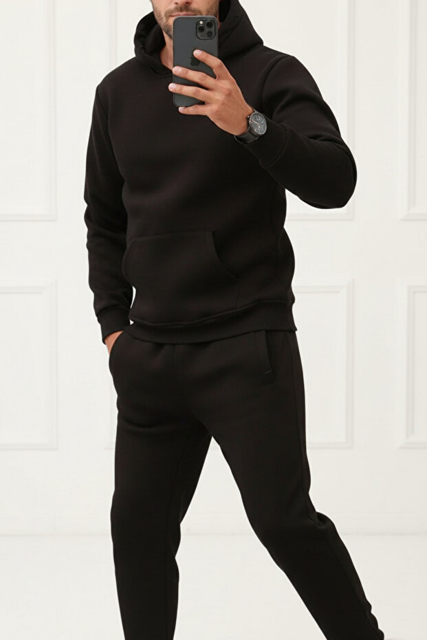 Men's Cotton Oversize Elastic Leg Kangaroo Pocket Tracksuit Set - Casual