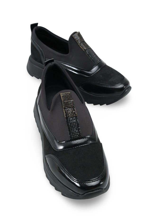 Galivona Black Black Women's Leather Laceless Thick Sole Detailed Stoned Casual Sports Shoes