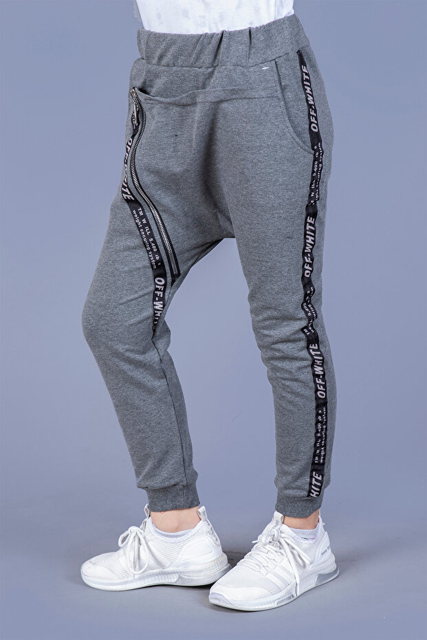 Girl's Asymmetrical Sweatpants with Elastic Waistband, Pockets, Zipper & Stripes & 2 Threads