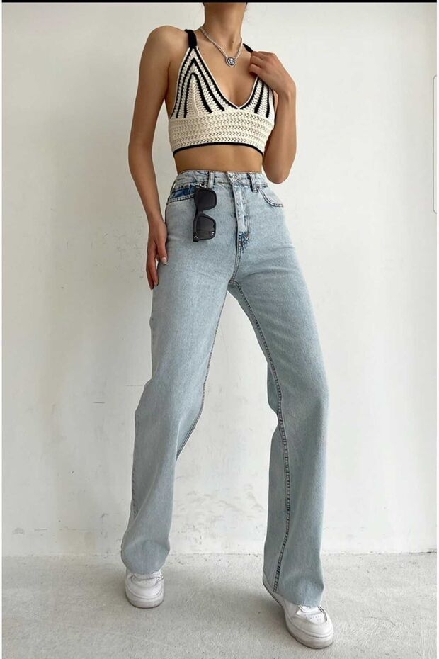 Ice Snow Wash High Waist Casual Women's Tube Leg Denim Palazzo Pants