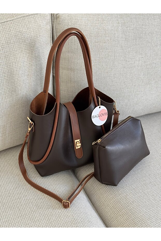 Kitten Bag Extra Front Lock Detail Brown/Tan Women's Shoulder Bag En32 Boy24