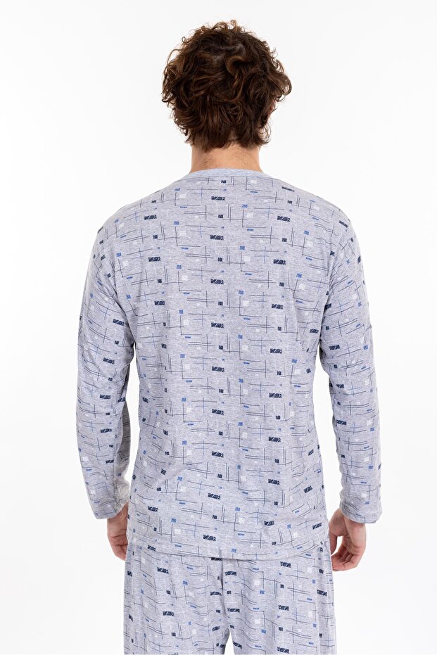 Men's Patterned Button-Down Long Sleeve Pajama Set - 3