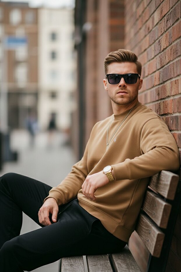 Karamel Renk Basic Bisiklet Yaka Relaxed Regular Erkek Sweatshirt - 7