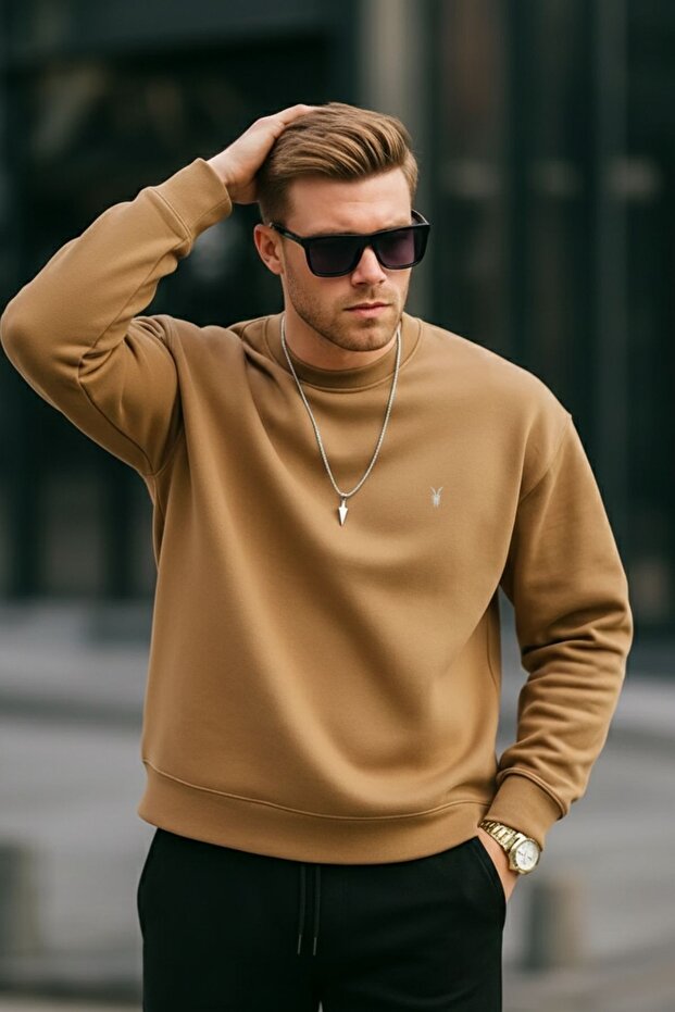 Karamel Renk Basic Bisiklet Yaka Relaxed Regular Erkek Sweatshirt - 6
