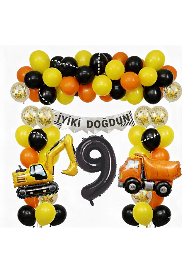Construction Themed Birthday Balloon Set – Party Set with Construction Vehicles & Truck Figures