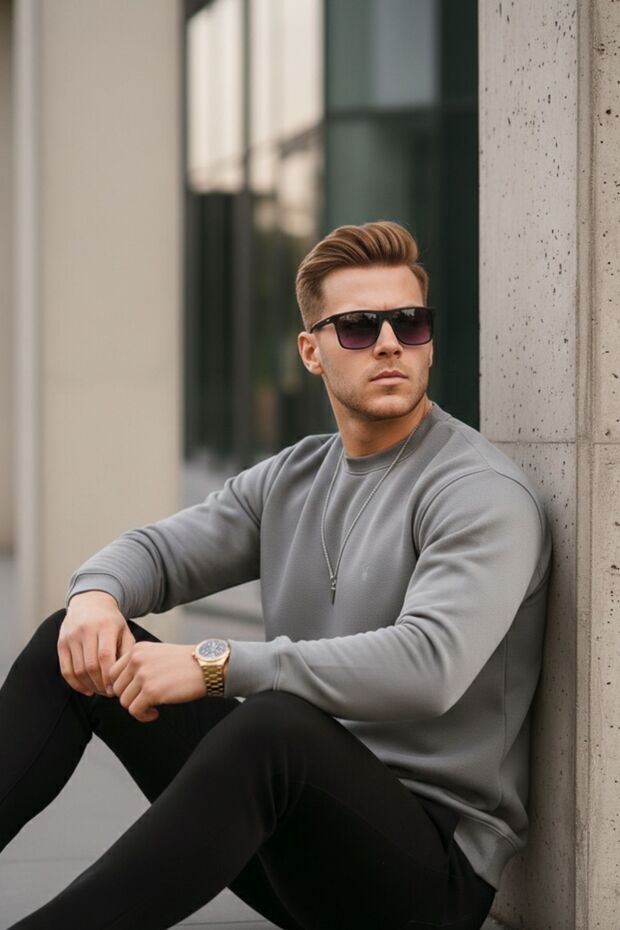 Gri Renk Basic Bisiklet Yaka Relaxed Regular Erkek Sweatshirt - 8