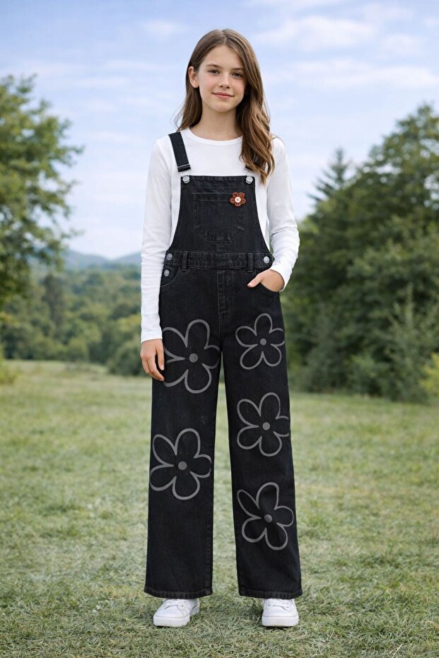 Daisy Printed Girls' Denim Salopet