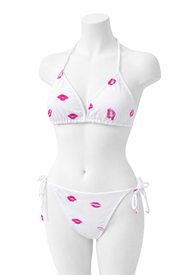 Women's White Kiss Detail Triangle Bikini Set Lycra Stretchy Side Tie Halter Neck Stylish Drawstring