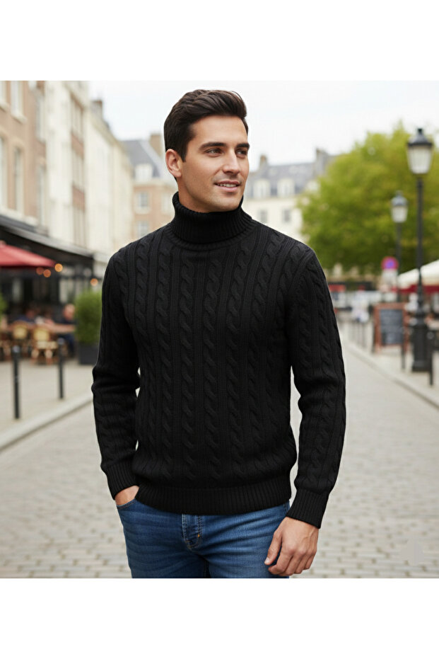 Premium Black Turtleneck Men's High-Neck Sweater