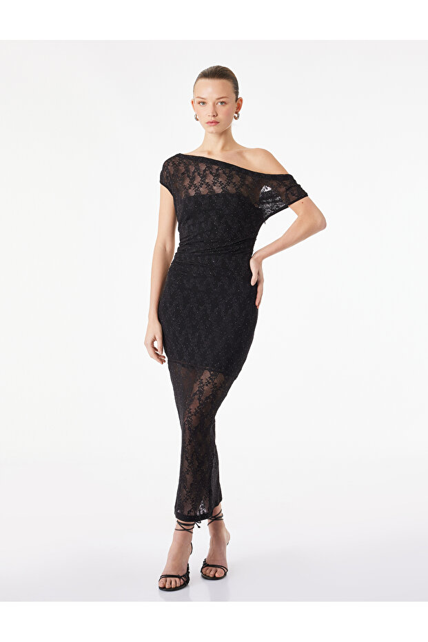 Slim Fit Boat Neck Bodycon Ruched Rhinestone Midi Evening Dress