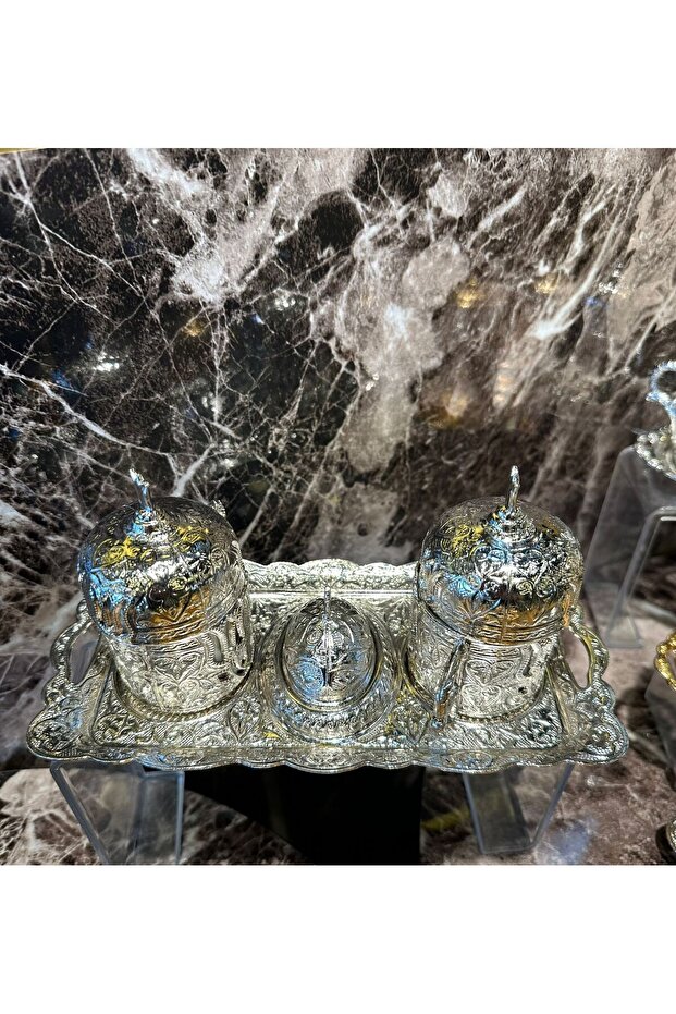Silver Ottoman Patterned Turkish Coffee Cup Set for 2 People