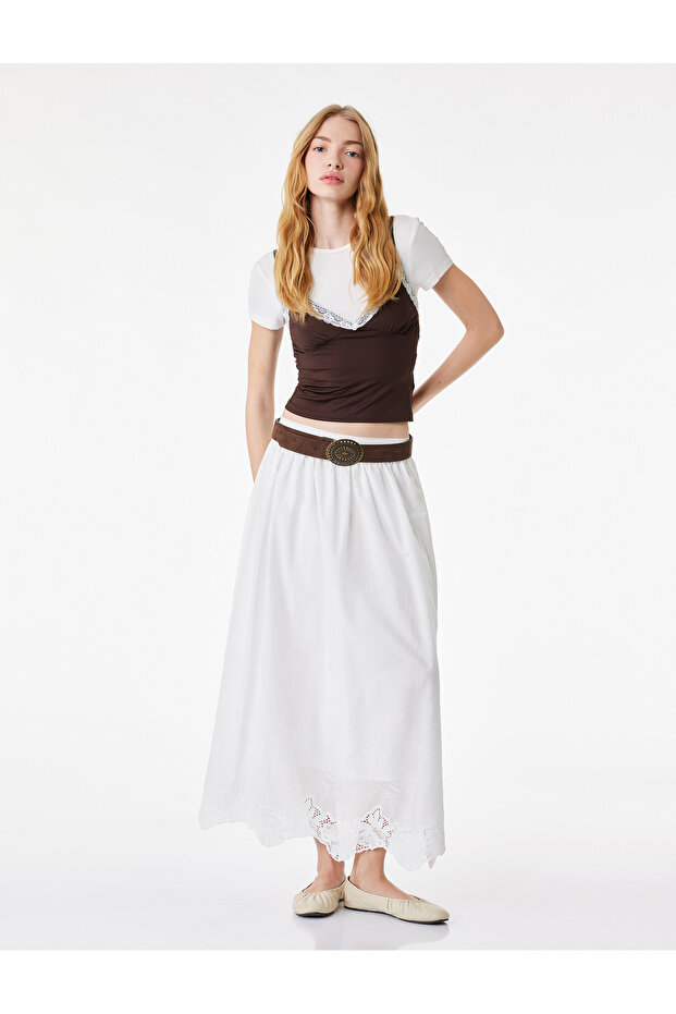 Normal Waist A-Line Cotton Comfortable Fit Long Scallop Skirt