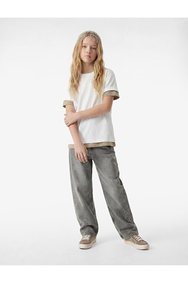 Cotton Loose Fit Distressed Wide Leg Denim Trousers with Sequin Detail