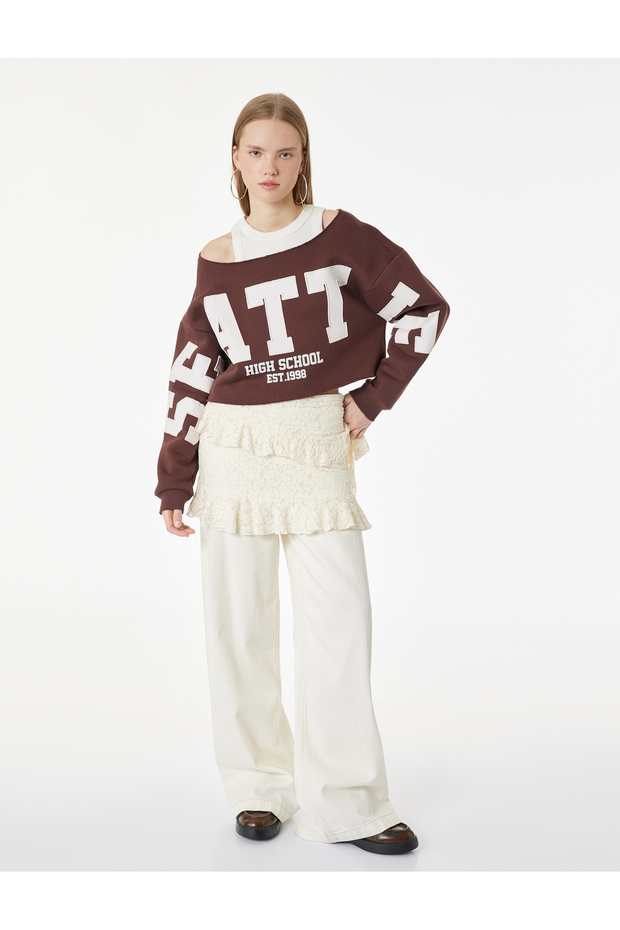 Long Sleeve Boat Neck Printed Oversized Crop Sweatshirt