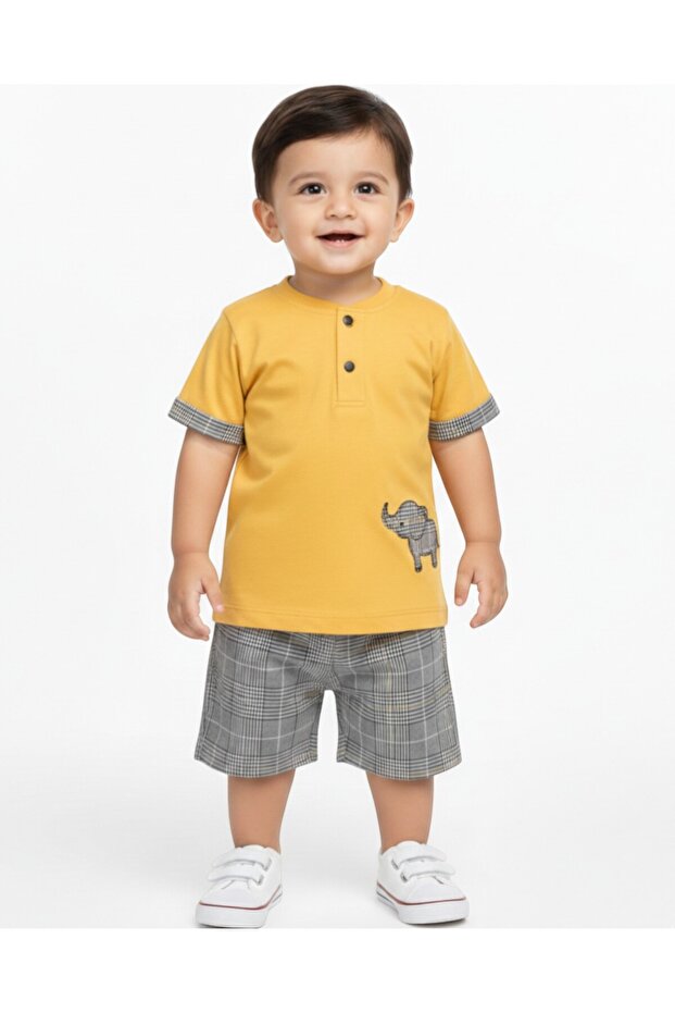 Baby Boy Elephant Embroidered Plaid Shorts Summer Buttoned Judge Collar 6-9-12-18-24 Months Baby Set