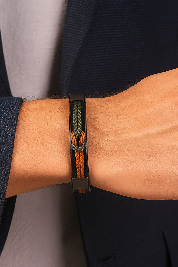 Khaki and Tan Mixed Braided Black Genuine Leather Men's Bracelet | Magnetic Metal Buckle Design