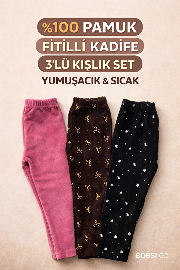 Girl's Corded Fabric Velvet 100% Cotton Patterned 3-Piece Set Leggings Set