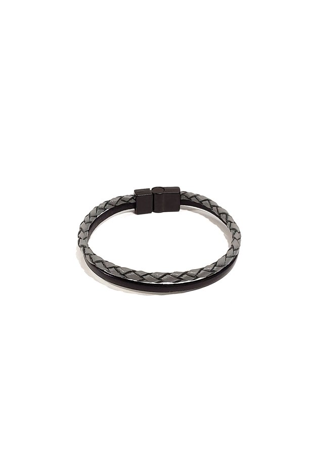 Gray Black Mixed Thin Genuine Leather Men's Bracelet | Minimal Design with Magnetic Metal Buckle