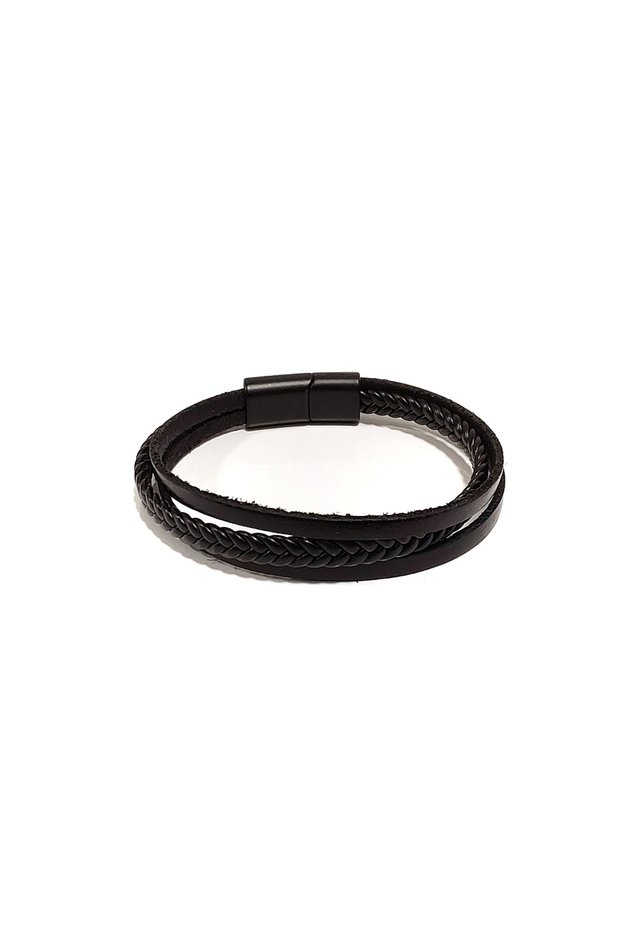 Black Braided and Corded Genuine Leather Men's Combination Bracelet | Modern Design with Magnetic Metal Buckle-1237