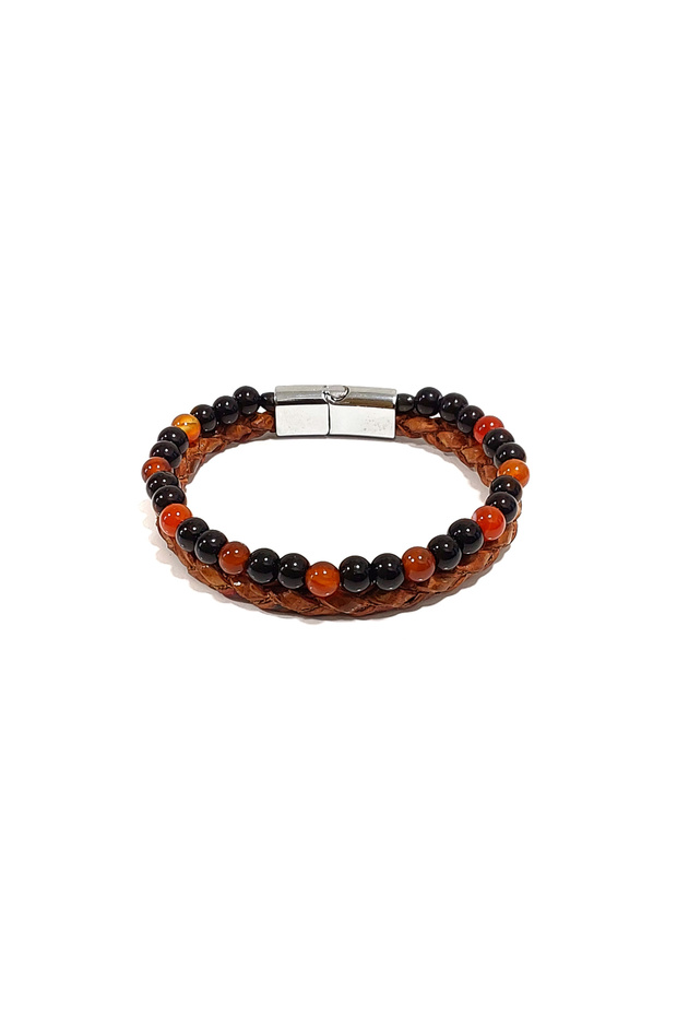 Brown Black Stone Leather Knitted Men's Bracelet – Stylish Design with Magnetic Metal Buckle