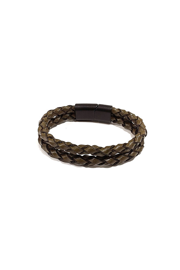 Khaki Double Row Knitted Genuine Leather Men's Bracelet | Modern and Stylish Design with Magnetic Metal Buckle