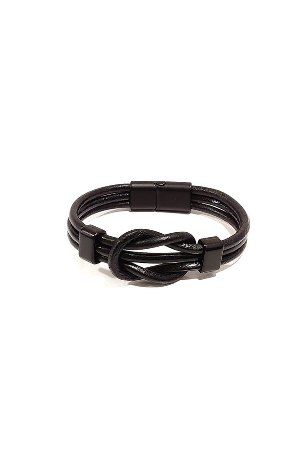 Black Men's Leather Knot Model Bracelet | Genuine Leather – Stylish Design with Magnetic Buckle
