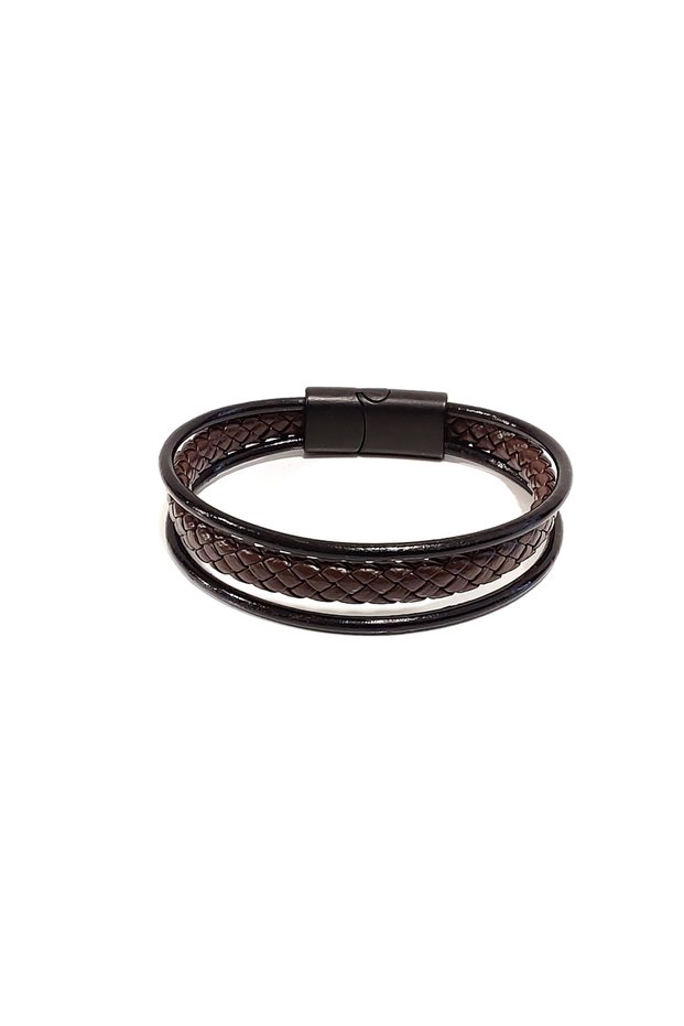 Dark Brown Line Genuine Leather Men's Bracelet - Magnet Buckle - 35